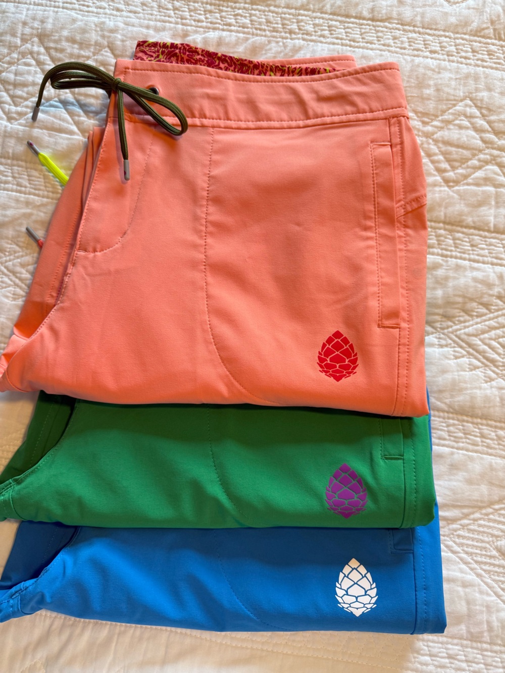 NWOT 3prs Stio Ankle board Pants in Green, Blue Coral; brand new.